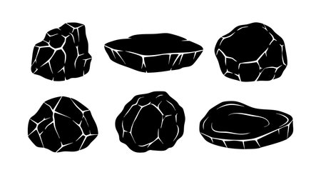 This vector illustration shows six solid black coal pieces with cracked textures. Each piece varies in shape and size, emphasizing rough natural surfaces. The style is bold and minimalistic. Dark mood.のイラスト素材