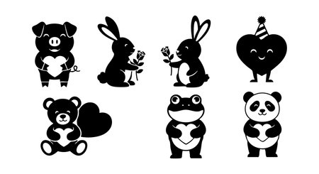 This vector illustration features cute cartoon animals holding hearts and love symbols including pig rabbit bear frog and panda in black silhouette style with white accents. Playful mood.のイラスト素材