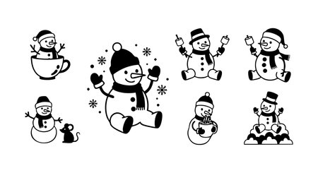 This vector illustration shows cute snowman characters in various poses and accessories for winter holiday themes with playful and joyful mood.のイラスト素材