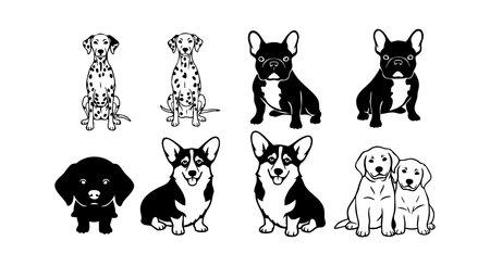 This vector image shows eight distinct dog breeds in black and white line art style. Each dog is sitting or standing with clear features, ideal for pet related projects. Calm mood.のイラスト素材