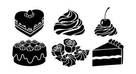 This vector illustration features black silhouette desserts including heart shaped cake, cupcake...
