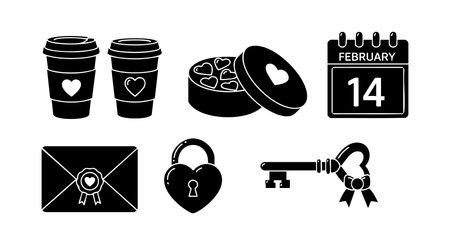 This vector illustration shows a set of Valentine day icons including coffee cups with hearts, love letter, heart lock and key, candy box, and calendar date fourteen in black silhouette style. Romantic mood.のイラスト素材
