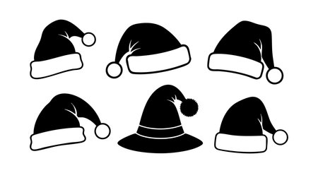 This vector illustration shows six black and white Santa Claus hats and winter caps with pom poms in various styles for Christmas and holiday decoration in a simple festive mood.のイラスト素材