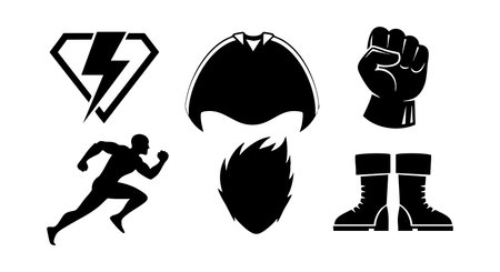 This vector illustration features six black silhouette icons including a lightning bolt, a fist, boots, hair, a running man, and a cape in a minimalistic style. Energetic and bold design.のイラスト素材