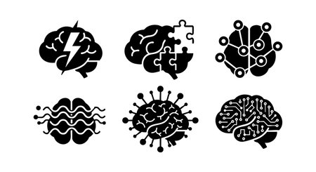 Collection of six black brain icons representing neural network and artificial intelligence concepts in vector style. Modern technology design with abstract connections. Creative and futuristic mood.のイラスト素材