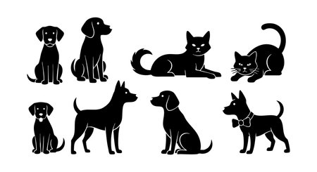 This vector illustration features black silhouettes of dogs and cats in multiple poses including sitting and standing. The design is simple and clear with a playful mood.のイラスト素材