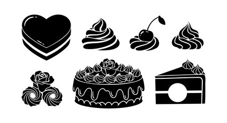 Black silhouette vector illustration of heart shaped cake cherry cupcake cake slice and rose...