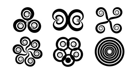 This vector image presents six abstract black and white spiral shapes featuring circular swirls and geometric patterns arranged in two rows for creative and modern design projects. artisticのイラスト素材
