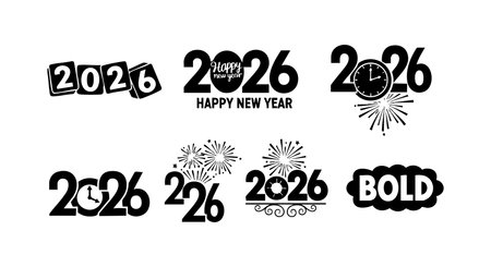This vector image shows multiple designs of the year 2026 with countdown themes including clocks, fireworks, and bold text styles. The black and white illustration conveys excitement and festivity. Bright mood.のイラスト素材