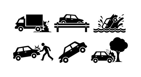 Vector illustration shows different car accident scenarios including collision with truck, pedestrian impact, car falling, and crash with tree in black silhouette style. Dramatic mood.のイラスト素材