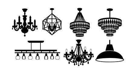 Set of black chandelier and lamp vector icons featuring classic and modern lighting fixtures illustration with various shapes and styles elegant and decorative moodのイラスト素材