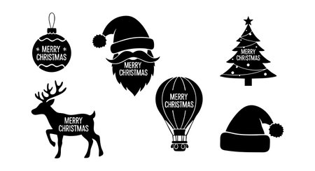 This vector illustration shows six black Christmas icons including reindeer Santa hat tree balloon and ornament in a festive holiday style with clean simple design cheerful moodのイラスト素材