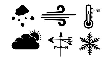 This vector illustration shows various weather icons such as snow, rain, wind, thermometer, compass, cloud, sun, and snowflake in black silhouette style creating a clear weather theme image calm.のイラスト素材
