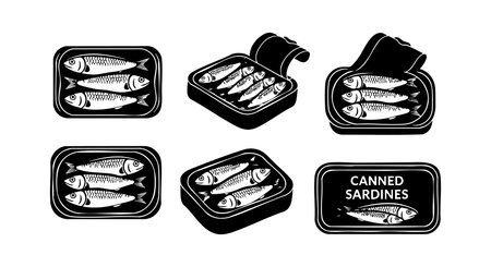 This vector illustration shows black and white canned sardines with fish inside rectangular tins and packaging. The design is simple and clear with a monochrome style. Classic mood.のイラスト素材