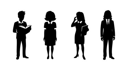 This vector illustration shows silhouettes of four business people in formal clothes performing different activities such as reading and talking on the phone with confident mood.のイラスト素材