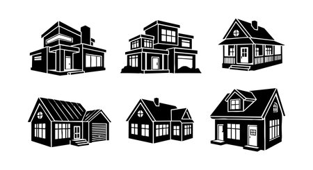 Black silhouette vector illustration featuring six houses with various architectural styles and roof shapes presented in a simple flat design creating a classic moodのイラスト素材