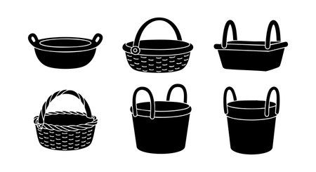 This vector image shows six different black basket icons including woven and solid styles suitable for shopping storage and carrying items clean design minimal moodのイラスト素材