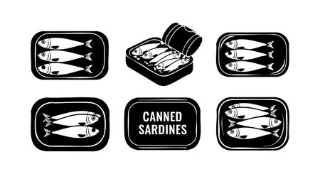 Black and white vector illustration showing various canned sardines tins open and closed with visible fish inside in a simple flat style mood calmのイラスト素材