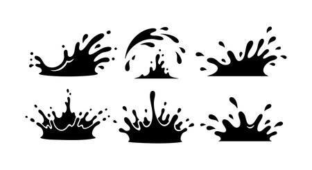This vector image shows six black water splash shapes in silhouette style arranged in two rows for design and decoration use with dynamic and bold moodのイラスト素材