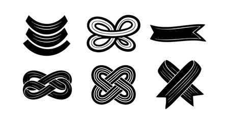 This vector image features six black ribbon shapes showcasing various knot and loop styles suitable for decorative design and craft projects with a simple elegant appearance calm moodのイラスト素材