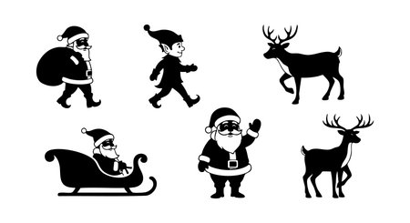 This vector illustration shows black silhouettes of Santa Claus, elf, reindeer, and sleigh celebrating Christmas holiday in winter season with a festive and joyful mood.のイラスト素材