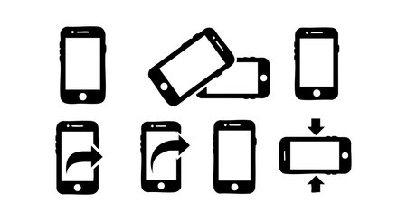 This vector illustration shows a set of black smartphone icons including phones in different orientations and phone screen rotation arrows in a minimal flat style. Simple and modern design. Clean and clear visual.のイラスト素材