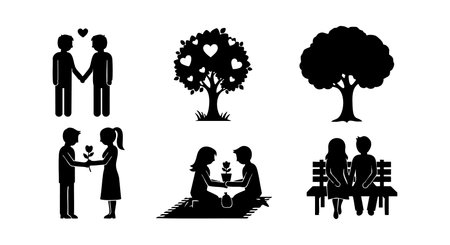 Silhouettes of romantic couples in different love scenarios with heart decorated tree picnic and park bench scenes in black vector style peaceful moodのイラスト素材