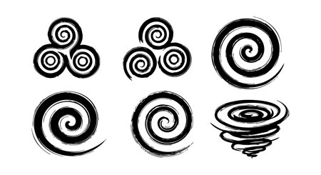 This image shows a set of six black spiral swirl design elements in an abstract artistic style. The vector illustration features various swirl shapes with dynamic brush strokes and motion. The composition is simple and modern with a monochrome palette. The visual style is bold and energetic, creating a sense of movement and flow. The overall mood is creative and expressive.のイラスト素材