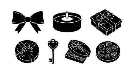 This vector illustration presents a collection of romantic gift icons including bows, candles, keys, and chocolates with heart shapes in black silhouette style for decorative and design use. Elegant and charming.のイラスト素材