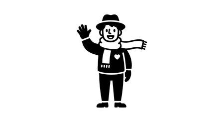 This vector illustration shows a smiling happy snowman waving with one hand while wearing a hat, scarf, and gloves in black silhouette style. Cheerful mood.のイラスト素材