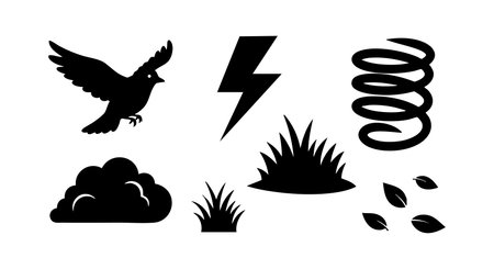 This vector file presents simple black nature and weather icons such as bird lightning bolt cloud grass spiral and leaves in silhouette style for clean design purposes calmのイラスト素材