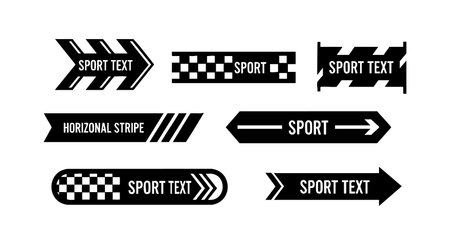 This vector illustration presents a set of black and white sport arrows and stripes with text elements in a horizontal layout. The style is clear and modern, dynamic mood.のイラスト素材