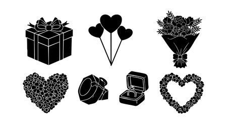 This vector illustration shows a collection of Valentine themed symbols including a gift box, heart shaped balloons, flower bouquet, heart wreath, ring with box, and heart made of flowers, conveying love and romance in a simple black silhouette style. Charming and romantic.のイラスト素材
