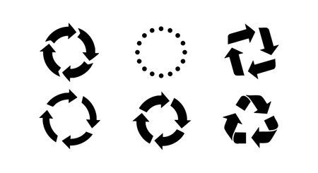 Collection of six black recycle and refresh arrow icons in circular shapes on white background vector illustration with simple design and clear style calmのイラスト素材