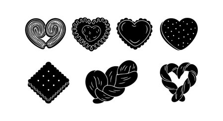 The image shows black silhouette of seven different heart shaped and braided cookies in various styles and textures suitable for bakery or dessert themed designs calm.のイラスト素材