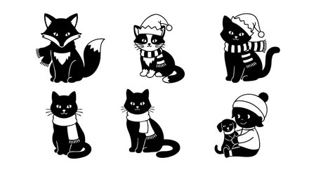 This vector illustration shows a black fox wearing a scarf and five black cats in winter hats and scarves along with a child holding a dog wearing a hat. Friendly and cozy mood.のイラスト素材