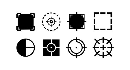Collection of eight simple target focus icons in black and white for user interface design and graphic projects with minimalist style and clean lines calm moodのイラスト素材
