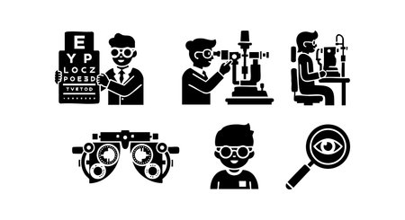Vector illustration showing an optometrist performing eye examinations using vision test equipment and lenses with a patient wearing glasses in a clinical setting calm mood.のイラスト素材