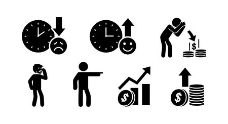 This vector illustration shows business icons representing time management, financial growth, investment, profit increase and decrease with simple human figures in black. Professional mood.のイラスト素材