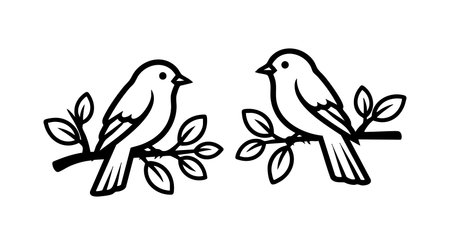 Illustration shows two birds perched on leafy branches in black outline style vector image with clean lines and minimalistic design calm and peacefulのイラスト素材