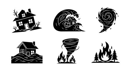 Black silhouette vector illustration of natural disaster icons including house flood wave tornado fire and forest showing environmental hazards and damage in a clean design style calmのイラスト素材