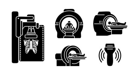Vector illustration of medical xray scanner ct imaging machine and handheld scanner in black silhouette style showing diagnostic tools for radiology and health care technology calmのイラスト素材