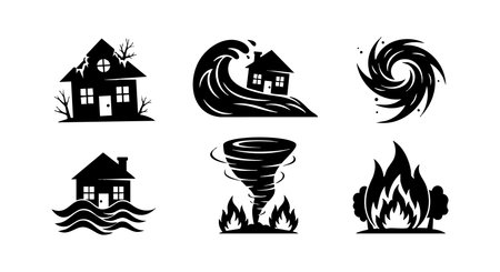 This vector illustration shows six black silhouette icons depicting natural disaster scenarios including flood tsunami tornado and fire causing house damage. The style is simple and bold. Dramatic mood.のイラスト素材