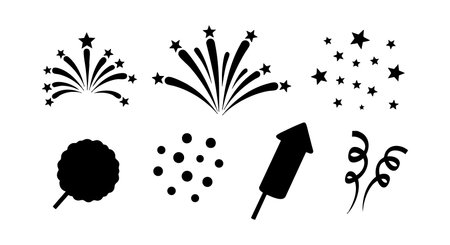 This vector image shows seven black fireworks icons including star bursts, rocket, confetti, and sparkles in a simple silhouette style suitable for celebration themes and festive designs lively.のイラスト素材