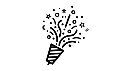 This vector illustration shows a party popper releasing confetti and stars in a festive celebration scene with a joyful and lively mood.のイラスト素材