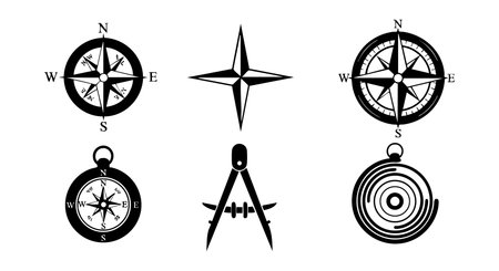 This vector illustration shows six black silhouette navigation tools including compass roses and dividers representing direction and measurement in vintage style calmのイラスト素材