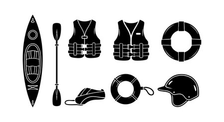 Vector illustration of kayak paddle helmet life jackets lifebuoys and safety gear in black silhouette style showing outdoor water activity equipment. Practical and clear design. Calm mood.のイラスト素材