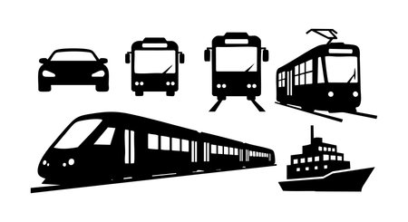 This vector illustration shows black silhouettes of different transport vehicles including a car bus train tram and ship displayed in a simple style calmのイラスト素材