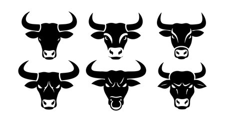 This vector illustration shows six black bull head silhouettes with different horn shapes and facial expressions in a simple flat design style. The image is bold and striking.のイラスト素材