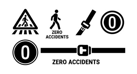 Vector illustration shows safety icons including pedestrian crossing sign zero accidents text and seatbelt buckle emphasizing safety and accident prevention in a clear design mood.のイラスト素材
